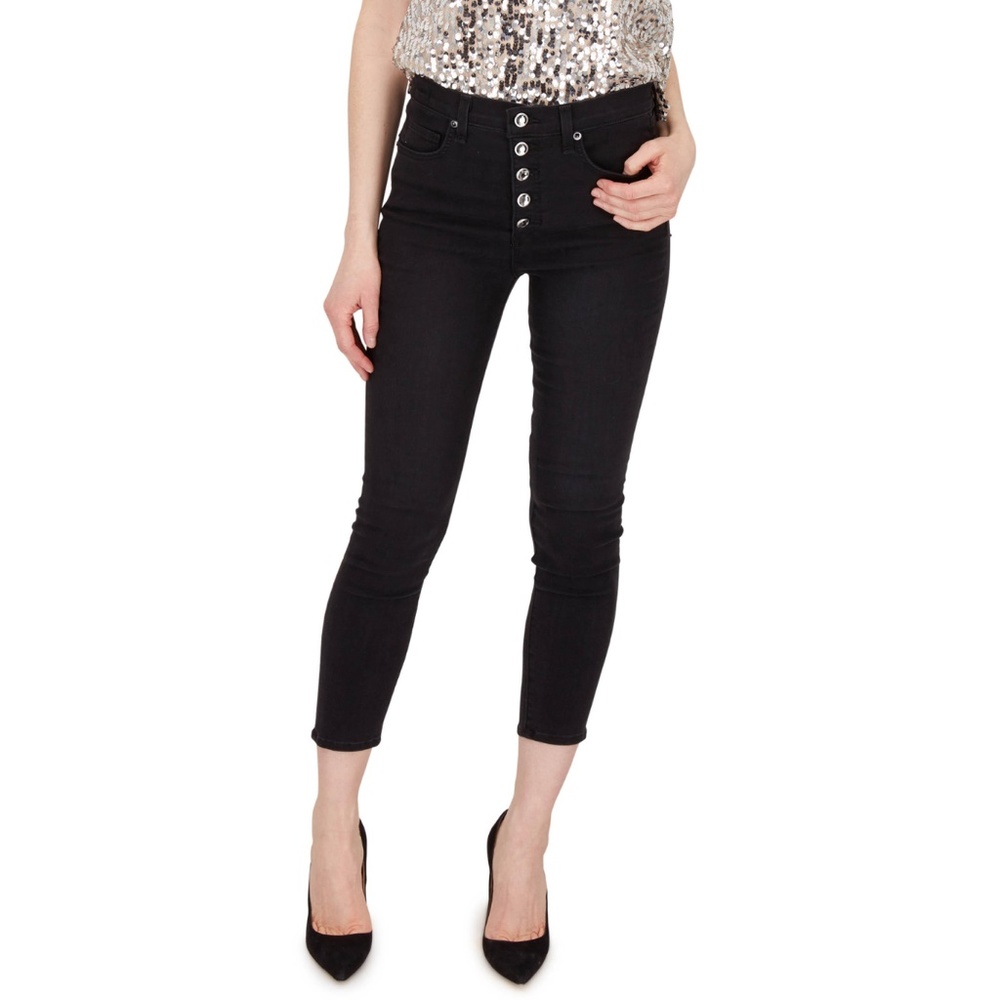 Veronica Beard Debbie 10" Skinny Jeans Coal Rhinestone Buttons Black Size 25